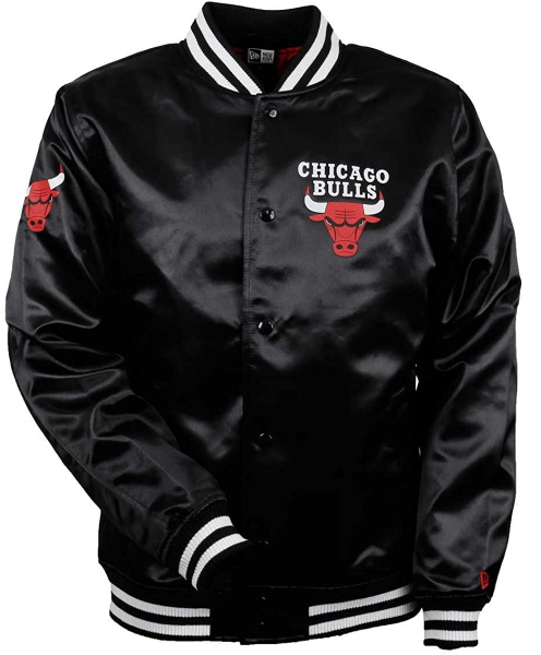New Era Chicago Bulls College Jacke glänzend schwarz Bomber - tip off sateen - black Satin NBA Herren M